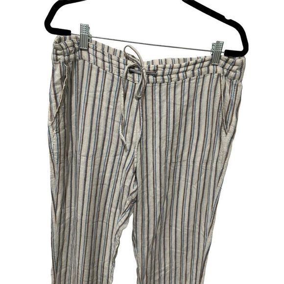 For Cynthia Linen Blend White Blue Tan Striped Pants Large Drawstring Pockets - Picture 5 of 10